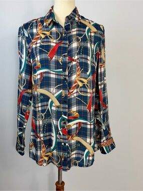 J. McLaughlin Lois Silk Blend Coastal Equestrian Long Sleeve Navy Plaid Blouse S